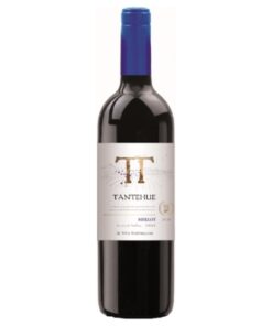 Garrafa do vinho Tantehue Merlot, rótulo moderno em tons rubi, vinho tinto chileno do Valle Central para delivery em Teresina.