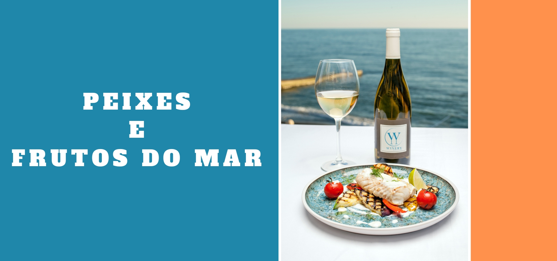 Imagem de pratos com peixes e frutos do mar frescos acompanhados por taças de vinho branco e rosé, ilustrando a harmonização ideal para delivery de vinhos da Winery Brasil em Teresina, Piauí.