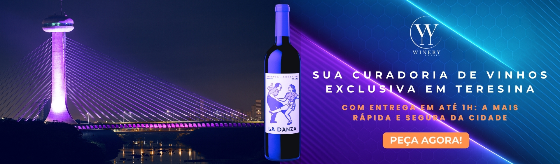 Banner da Winery com a frase "Sua curadoria de vinhos de Teresina". O melhor lugar para comprar vinhos selecionados em Teresina, Piauí.