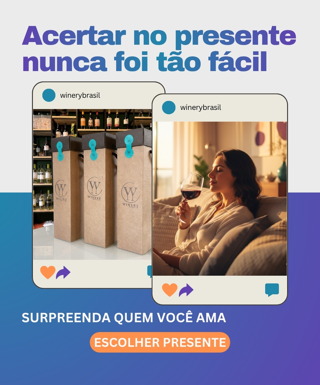 Banner de presentes Winery Brasil com opções de vinhos finos, espumantes e kits exclusivos para presentear em Teresina com entrega rápida.